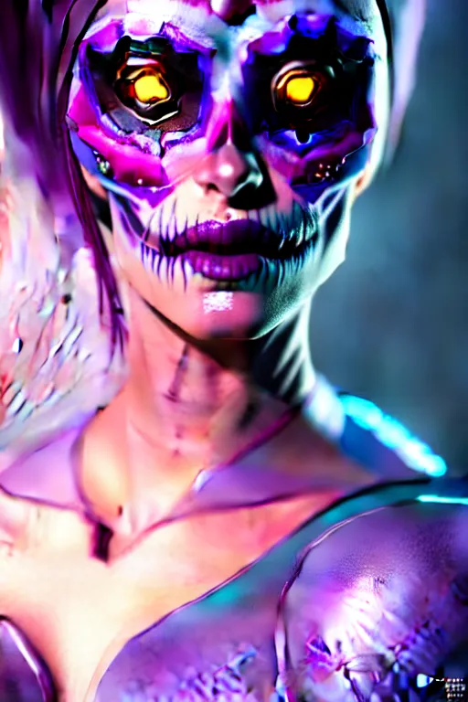 Image similar to ultra detailed, ethereal closeup photo of female android, flowerpunk, studio photo, floodlight, fantasy art, octane render, unreal engine, dia de los muertos, photorealistic concept art, triadic color scheme, art by artgerm and wlop and giger and greg rutkowski and alphonse mucha, 8 k