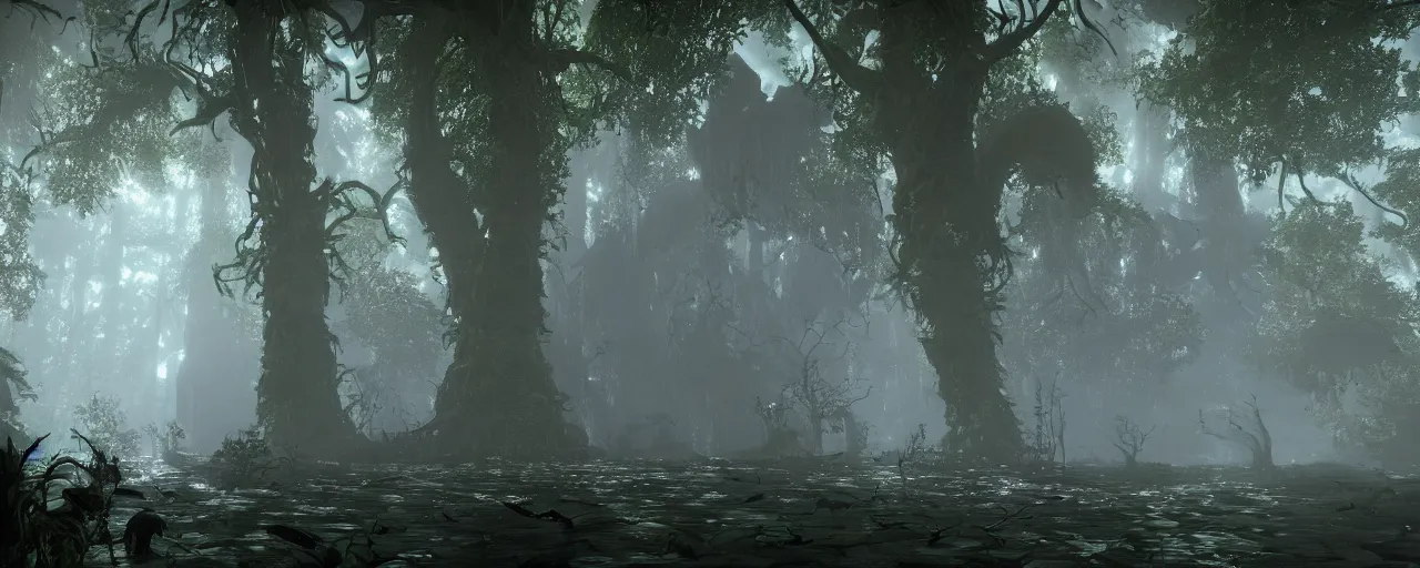 Image similar to a stunning wide shot view of a mythical rainforest, screenshot from bloodborne