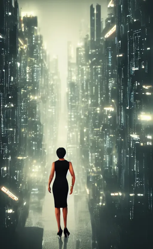 Prompt: an elegant Black woman in dress and heels, her back is to us, looking at a futuristic Blade Runner city, 8K