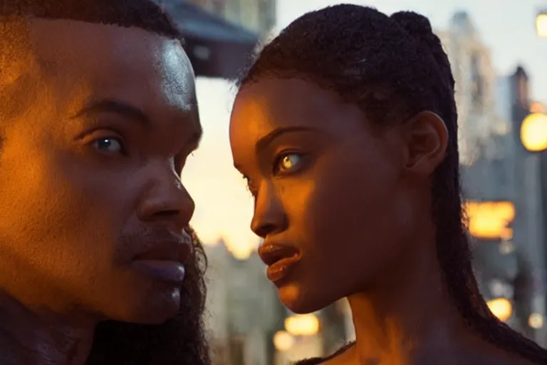 Image similar to movie powerful mutant heroes interracial couple closeup, DC Marvel fashion, VFX powers at night in the city, city street, beautiful skin, natural lighting by Emmanuel Lubezki