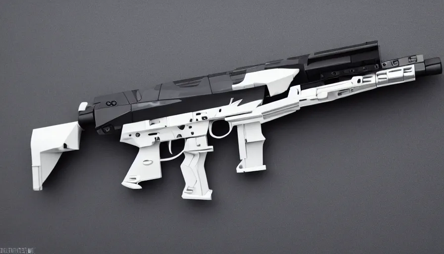 Image similar to extremely detailed realistic side view of a sci fi bullpup laser rifle, detailed trigger, chemically propelled, battery powered, smooth streamline, battery and wires, railgun, chemrail, gauss, elegant sleek smooth body, white paint, smooth utopian design, ultra high quality, minimalist, octane, cod, destiny, warframe, terminator