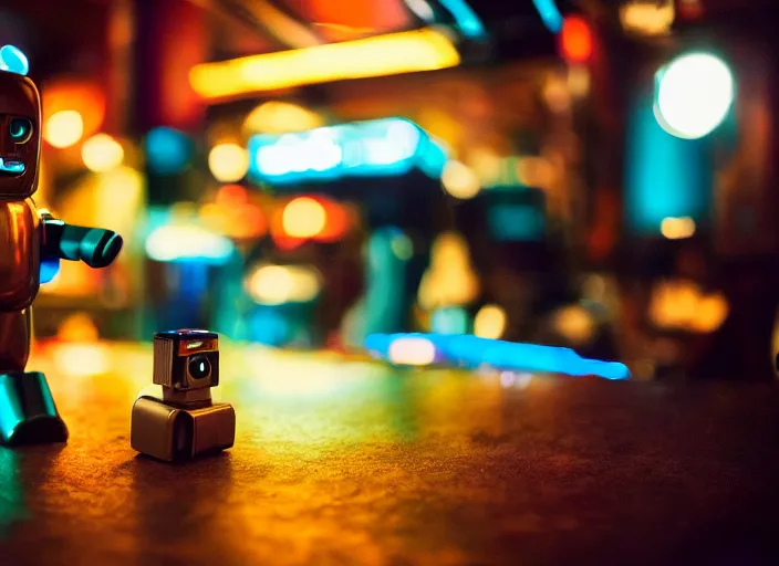 Image similar to a 2 8 mm macro kodachrome photo of a sad metallic robot with glowing lights and electric wires, getting drunk alone at a bar in the 1 9 5 0's, seen from a distance, bokeh, canon 5 0 mm, cinematic lighting, film, photography, golden hour, depth of field, award - winning