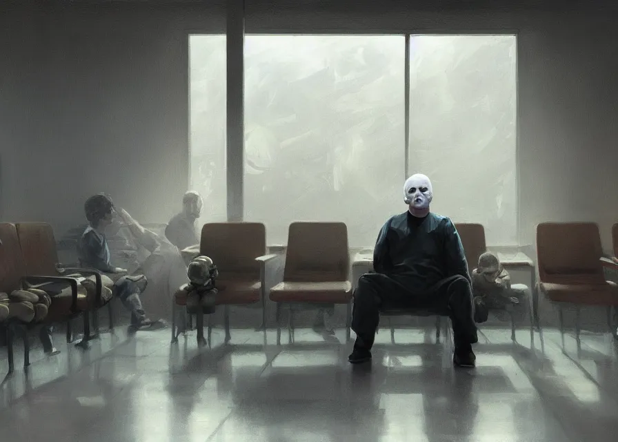 Image similar to dynamic portrait painting of Michael Myers sitting in the waiting room of an optometrist amongst other normal patients, sharp focus, face focused, trending on ArtStation, masterpiece, by Greg Rutkowski, by Ross Tran, by Fenghua Zhong, octane, soft render, oil on canvas, moody lighting, high contrast, cinematic, professional environmental concept art