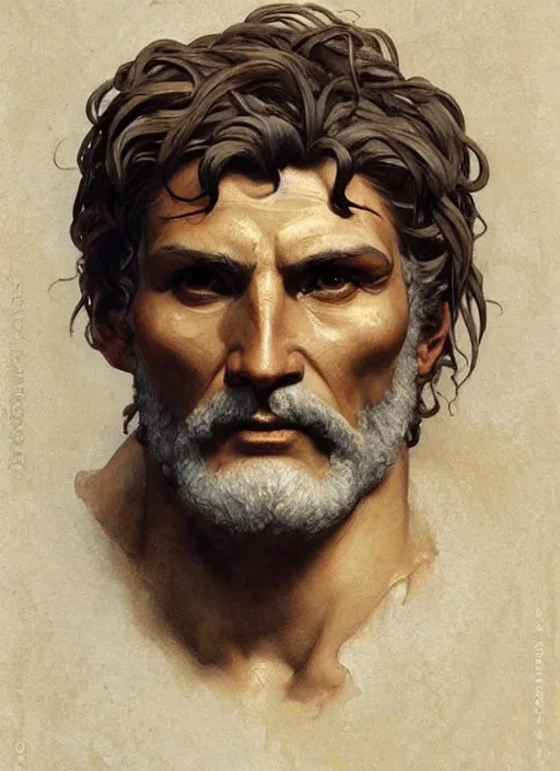 Image similar to 3 / 4 ancient greek man, painted by artgerm and greg rutkowski and alphonse mucha. clear highly detailed face, beautiful art