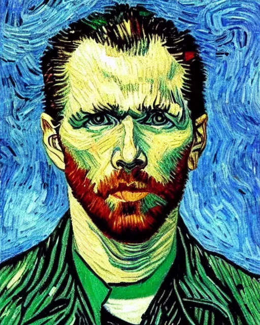 Prompt: The Matrix movie frame in the style of Van Gogh self portrait, face, detailed, sharp focus