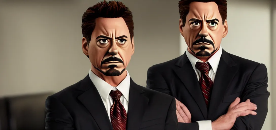 Image similar to a very high resolution image of tony stark. from an episode of the office with micheal scott. photorealistic, photography