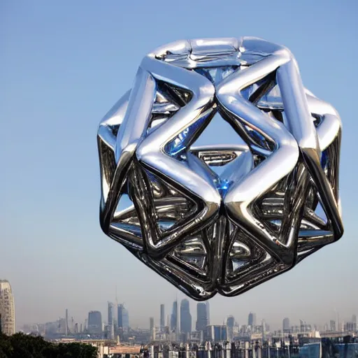 Prompt: ( very very large ) chrome dodecahedron! floating over a modern city