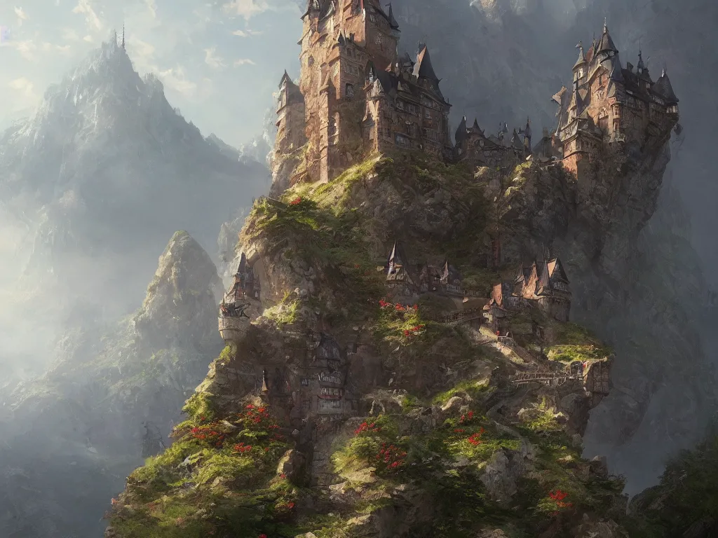 Prompt: a german castle on the cliff, by greg rutkowski and thomas kinkade, trending on artstation
