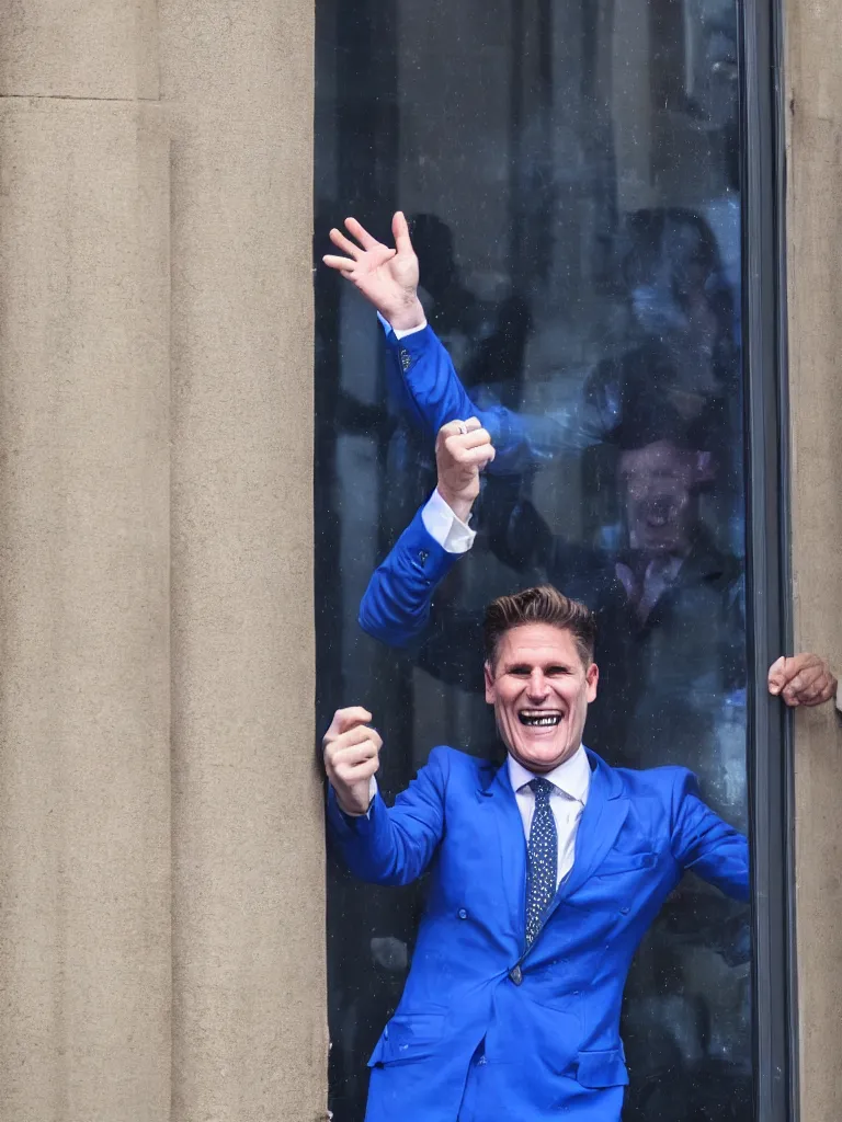 Image similar to Sir Kier Starmer wearing a blue suit laughing as he punches a window