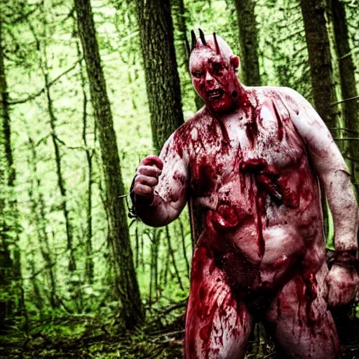 Image similar to big butcher man posing scarily, scary angry pose, covered in blood, fresh kill, cleaver, earie setting, in a forest, horror, hyperdetailed