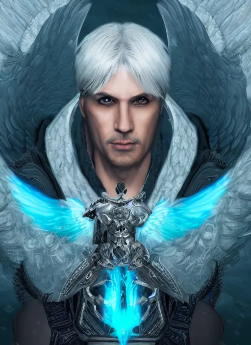 Prompt: An epic fantastic realism comic book style portrait painting of a male hexblade warlock aasimar, beautiful angel wings, teal energy surrounding body, silver hair, middle aged, Apex Legends Concept Art, unreal 5, DAZ, hyperrealistic, octane render, cosplay, RPG portrait, dynamic lighting