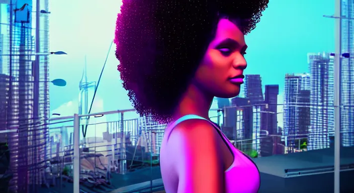 Image similar to portrait of beautiful cyberpunk black woman with afro hair, rio de janeiro pao de acucar corcovado ipanema on the background, blue and purple digital art trending on artstation, beeple, soft lighting, bokeh