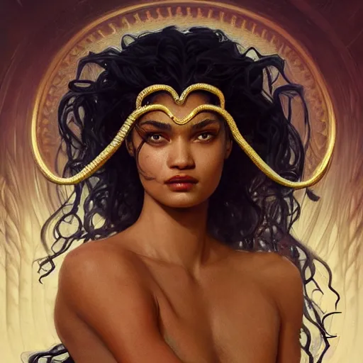 Image similar to Shanina Shaik as Medusa, frowning, scowl, snakes for hair, intricate, elegant, highly detailed, digital painting, artstation, concept art, smooth, sharp focus, illustration, art by artgerm and greg rutkowski and alphonse mucha