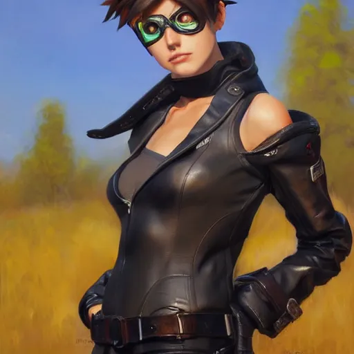 Image similar to oil painting of tracer overwatch in a field wearing very large black leather collar around neck, in style of mark arian, expressive face, very detailed face, wearing leather choker, very detailed eyes, full body, feminine face, detailed makeup on eyes,