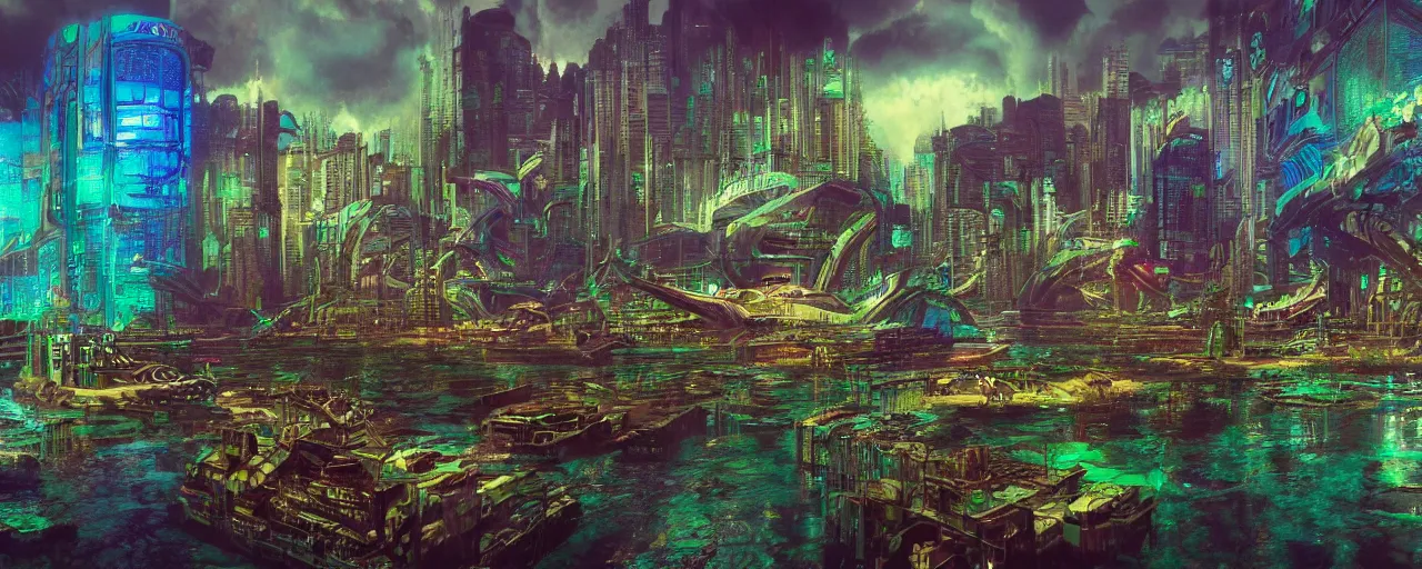 Image similar to dichroic ultra realistic illustration of beautiful ruination futuristic cyberpunk flooded kowloon, epic composition, accidental baroque golden ratio, by roger dean graffiti art, scifi, fantasy, hyper detailed. concept sketch. concept art. trending on artstation