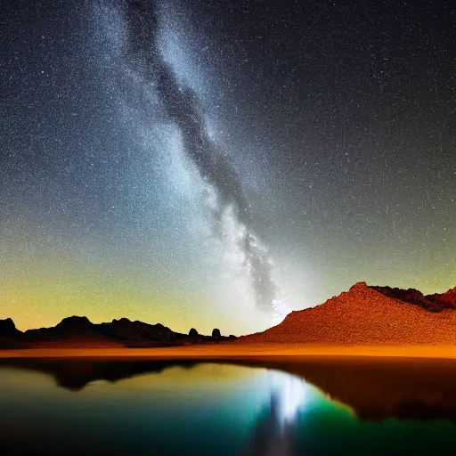 Image similar to beautiful moonlit dark starry landscape photography of an Arizona desert, lake