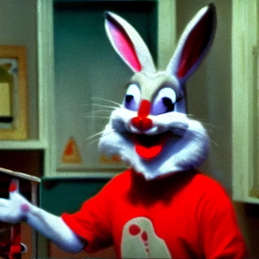 Prompt: Bugs Bunny in a 80's horror movie, horror, bloody, scary, realistic