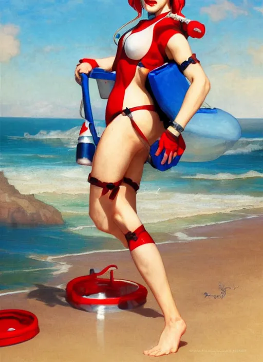 Prompt: portrait Harley Quinn as sea lifeguard on the beach, full length shot, shining, 8k highly detailed, sharp focus, illustration, art by artgerm, mucha, bouguereau