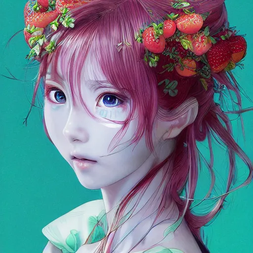 Image similar to the portrait of an absurdly beautiful, graceful, elegant, young japanese anime girl made of strawberries and green petals, an ultrafine hyperdetailed illustration by kim jung gi, irakli nadar, intricate linework, bright colors, octopath traveler, final fantasy, angular, unreal engine 5 highly rendered, global illumination, radiant light, detailed and intricate environment