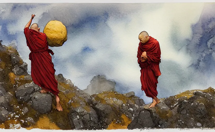 Image similar to a hyperrealist watercolour concept art of a monk levitating a huge rock over his head. it is a misty night on the moors of ireland. by rebecca guay, michael kaluta, charles vess and jean moebius giraud. high detail, hq