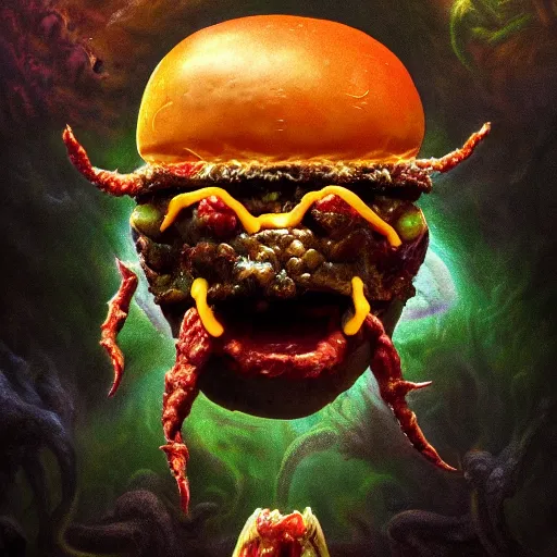 Image similar to photorealistic demonic cheeseburger in the style of michael whelan and gustave dore. hyperdetailed photorealism, 1 0 8 megapixels, amazing depth, glowing rich colors, powerful imagery, psychedelic overtones, 3 d finalrender, 3 d shading, cinematic lighting, artstation concept art