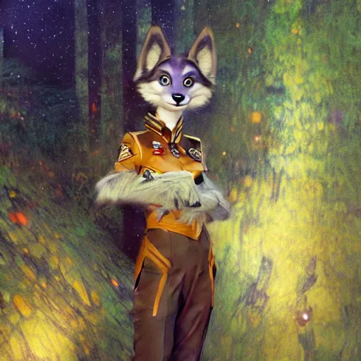 Image similar to a female bird wolf canine in starfleet uniform at night in a dark forest. zootopia fursona furaffinity furry art detailed face painting by gaston bussiere craig mullins jc leyendecker gustav klimt artgerm greg rutkowski furry