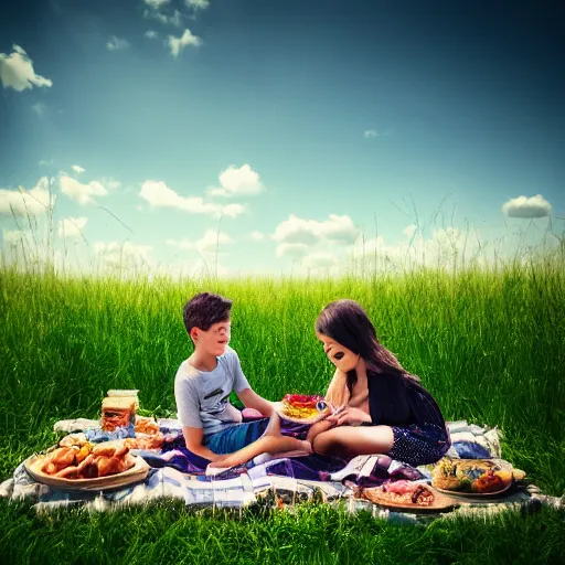 Image similar to a boy and a girl having a picnic in a beautiful field, aesthetic, beautiful, symmetrical face, vfx, 8 k, aesthetic