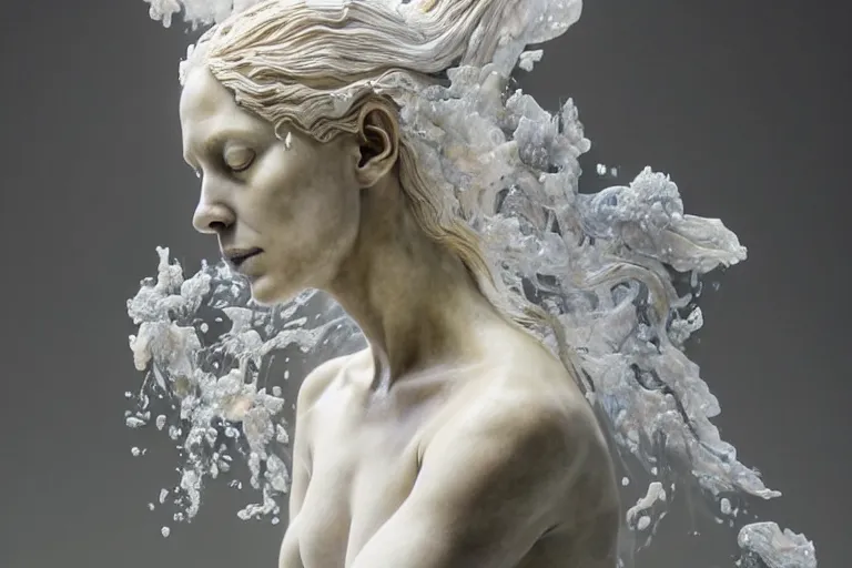 Image similar to a sculpture of a stunningly beautiful woman with flowing tears, fractal flowers on the skin, intricate, a marble sculpture by nicola samori, behance, neo - expressionism, marble sculpture, made of mist, still frame from the prometheus movie by ridley scott with cinematogrophy of christopher doyle, arri alexa, 8 k