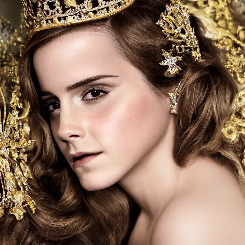 Image similar to emma watson as queen, big crown adorned with emerald, diamonds, topaz and other jewellaries, sensual, beautiful soft light failling on her face, studio photography, nikon 3 5 mm portrait photography, ultra realistic