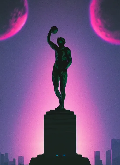 Image similar to statue of atlas, moon in the background, beeple, vaporwave, retrowave, futurism, black background, neon wiring, black, glitch, strong contrast, cuts, pinterest, trending on artstation