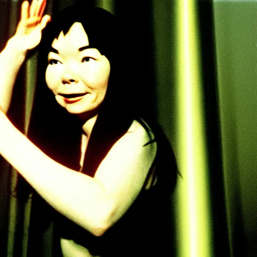 Image similar to Bjork climbs out of your TV screen towards you like Sadako, J-Horror, 90s, 35mm film