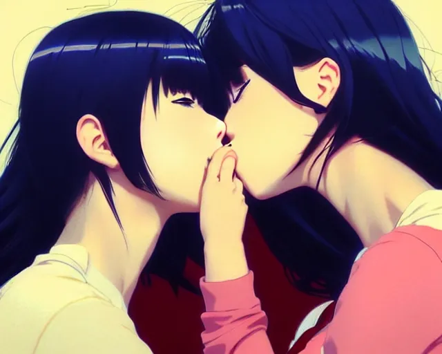 Image similar to two girls kissing | very very anime!!!, fine - face, audrey plaza, realistic shaded perfect face, fine details. anime. realistic shaded lighting poster by ilya kuvshinov katsuhiro otomo ghost - in - the - shell, magali villeneuve, artgerm, jeremy lipkin and michael garmash and rob rey