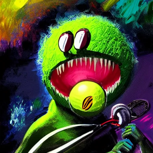 Image similar to a tennis ball monster ,tennis ball, tennis racket, colorful, digital art, fantasy, magic, trending on artstation, ultra detailed, professional illustration by Basil Gogos