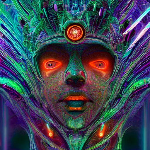 Prompt: Face of a Alien Deity, centered, corals, plume made of geometry, extremly detailed digital painting, sharp focus in the style of android jones, artwork of a futuristic artificial intelligence superstar with frames made of detailed circuits, mystical colors, rim light, beautiful lighting, 8k, stunning scene, raytracing, octane, under water visual distortion, dark tones colors, holographic feeling, trending on artstation