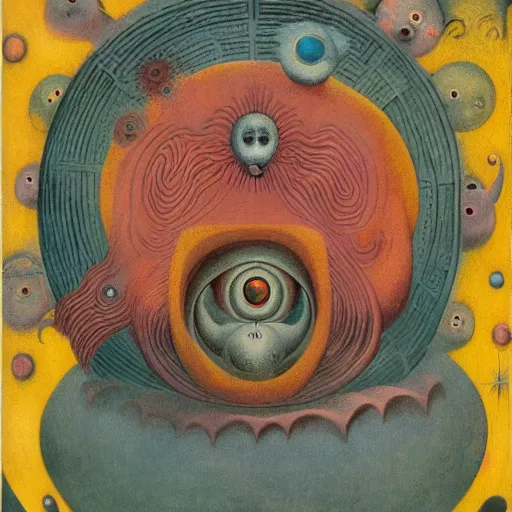 Prompt: a new small cute creature from space cosmic multiple eyes a bit weird cosmic with an intriguing wonderful machine beside him, tarot card, beautiful frames, Leonora Carrington moebius Hieronymus Bosch Max Ernst dali Zdzisaw Beksiñski Roland Topor Henryk Plociennik