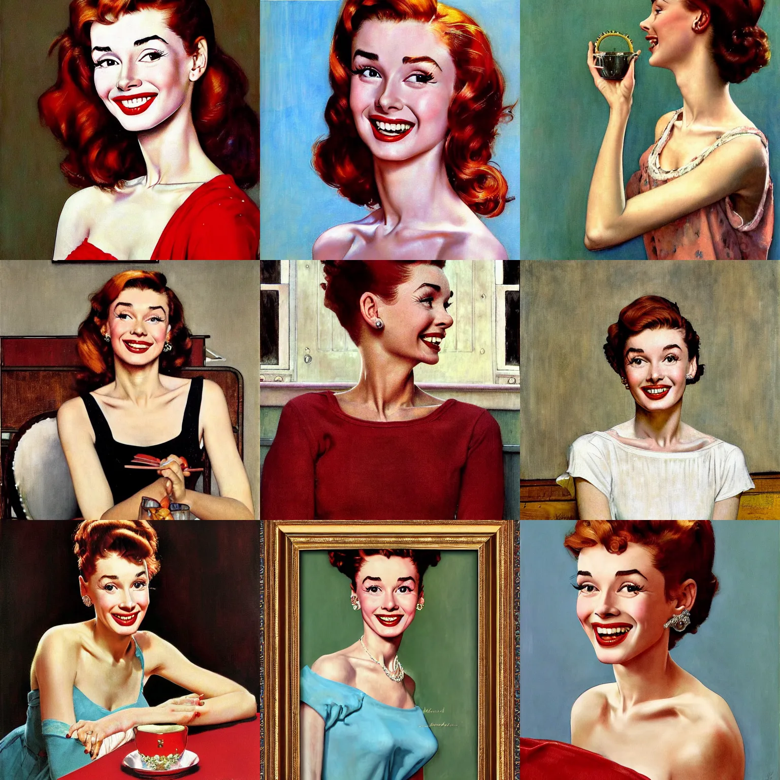 Prompt: painting of a beautiful young woman with soft red hair, fair skin, long and slender, smile on her face by norman rockwell, 1 9 4 9. audrey hepburn, marilyn monroe, gilded, roman holiday, breakfast at tiffany's