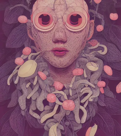 Prompt: portrait, nightmare anomalies, leaves with fishballs by miyazaki, violet and pink and white palette, illustration, kenneth blom, mental alchemy, james jean, pablo amaringo, naudline pierre, contemporary art, hyper detailed