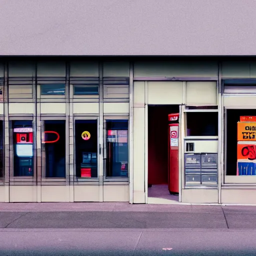 Prompt: noisy color photograph of a retrofuturist liminal empty convenience store with no windows, dark pit, minimalist, cinematic, soft vintage glow