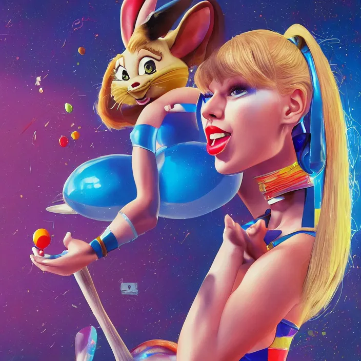 Image similar to portrait of Taylor Swift as Lola Bunny in Space Jam 1996. intricate abstract. intricate artwork. by Tooth Wu, wlop, beeple, dan mumford. octane render, trending on artstation, greg rutkowski very coherent symmetrical artwork. cinematic, hyper realism, high detail, octane render, 8k, iridescent accents