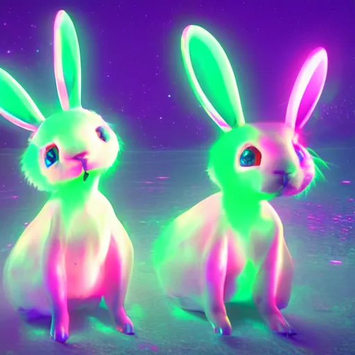 Image similar to neon fluorescent, iridescent cute bunny rabbits with fairy wings cyperpunk 2 0 7 7, unreal engine 5, 8 k ultra realistic, hyperdetailed, volumetric lighting, extremely high quality