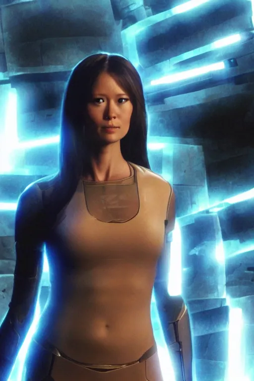 Prompt: summer glau as cortana from halo, glowing translucent digital body made of ones and zeros