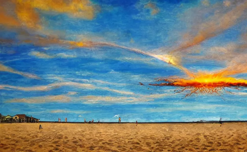 Image similar to sunny day at the beach blue sky big explosion on the horizon war apocalyptic realistic