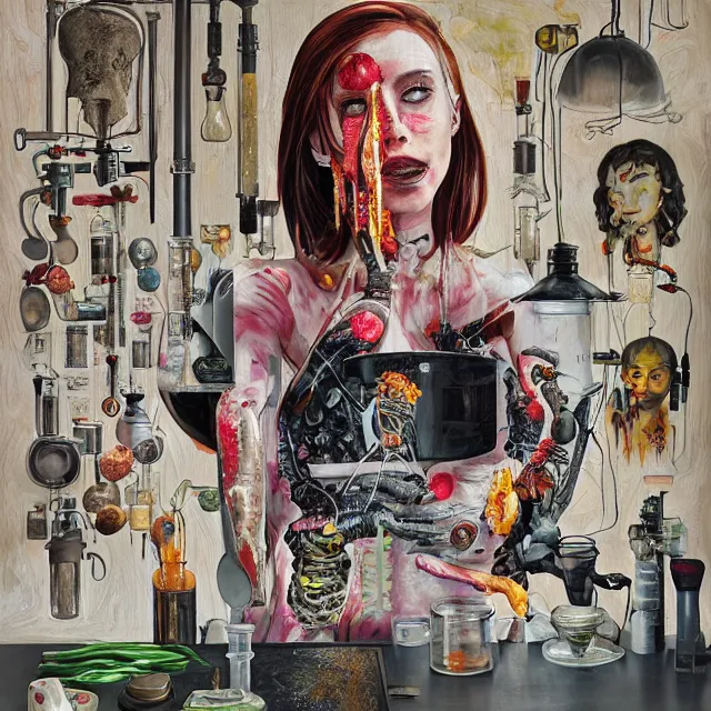 Prompt: dark kitchen of an art student, sensual portrait of a female transhuman robot holding a brain, japanese pottery, digital medical equipment, tropical houseplants, test tubes, honey dripping from ceiling, berries dripping juice, pancakes, pomegranate, berries, octopus, scientific glassware, neo - expressionism, surrealism, acrylic and spray paint and oilstick on canvas