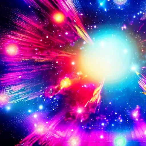 Image similar to colorful fragmented nebula explosion, dust particles, bokeh, iridescent jagged crystal fragmentation, elaborate detail, tilt-shift macro lens, lens flare, rendered in octane, visual effects, x-particles, redshift, cinematic, 8k render