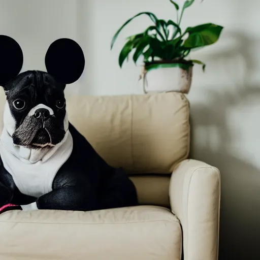 Image similar to a dog that looks like mickey mouse, white face, black body, black nose, black ears, sitting down on a sofa, house plants in the background, indoors, dim light, photograph, 4 k, shot on iphone