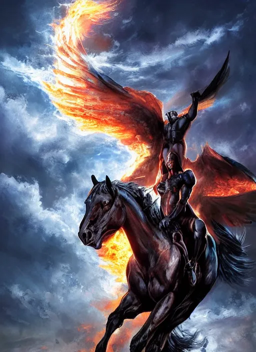 Image similar to the first horseman of the apocalypse riding a strong big black stallion, horse is running, the rider carries a the scales of justice, flames from the ground, artwork by artgerm and rutkowski, breathtaking, dramatic, full view