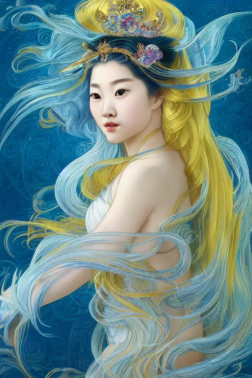 Prompt: a beautiful young Asian woman, Queen of the Sea Mu Yanling, long flowing white hair, blue and yellow robe that resembles floating wings, water flowing and floating around, young female face, liquid magic, cinematic top lighting, insanely detailed and intricate, face by Artgerm, design by Alphonse Mucha, Kuvshinov Ilya, Irakli Nadar, render by krenz cushart, golden ratio, symmetrical proportions, elegant, ornate, luxury, elite, matte painting, MTG, magic the gathering, trending on artstation, cinematic, cgsociety, 8k, high resolution,