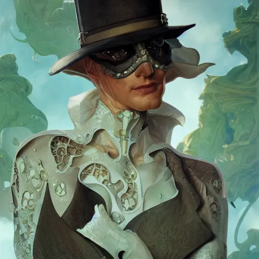 Image similar to the riddler closeup, d & d, intricate, elegant, highly detailed, digital painting, artstation, concept art, matte, sharp focus, illustration, art by artgerm and greg rutkowski and alphonse mucha