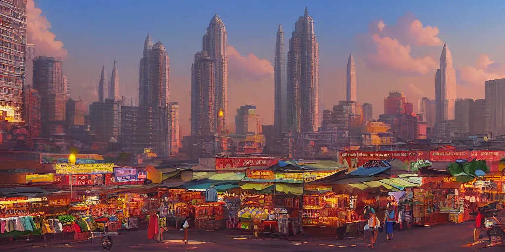 Image similar to little india sundry shop with kuala lumpur twin towers in the background, evening, highly detailed matte painting, studio ghibli, artstation