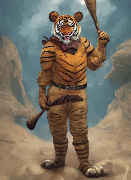 Image similar to fursona commission of a anthro tiger wearing a old-timey baseball uniform. pretty, beautiful, DnD character art portrait, matte fantasy painting. Desert mining town. DeviantArt Artstation, by Jason Felix by Steve Argyle by Tyler Jacobson by Peter Mohrbacher, cinematic lighting